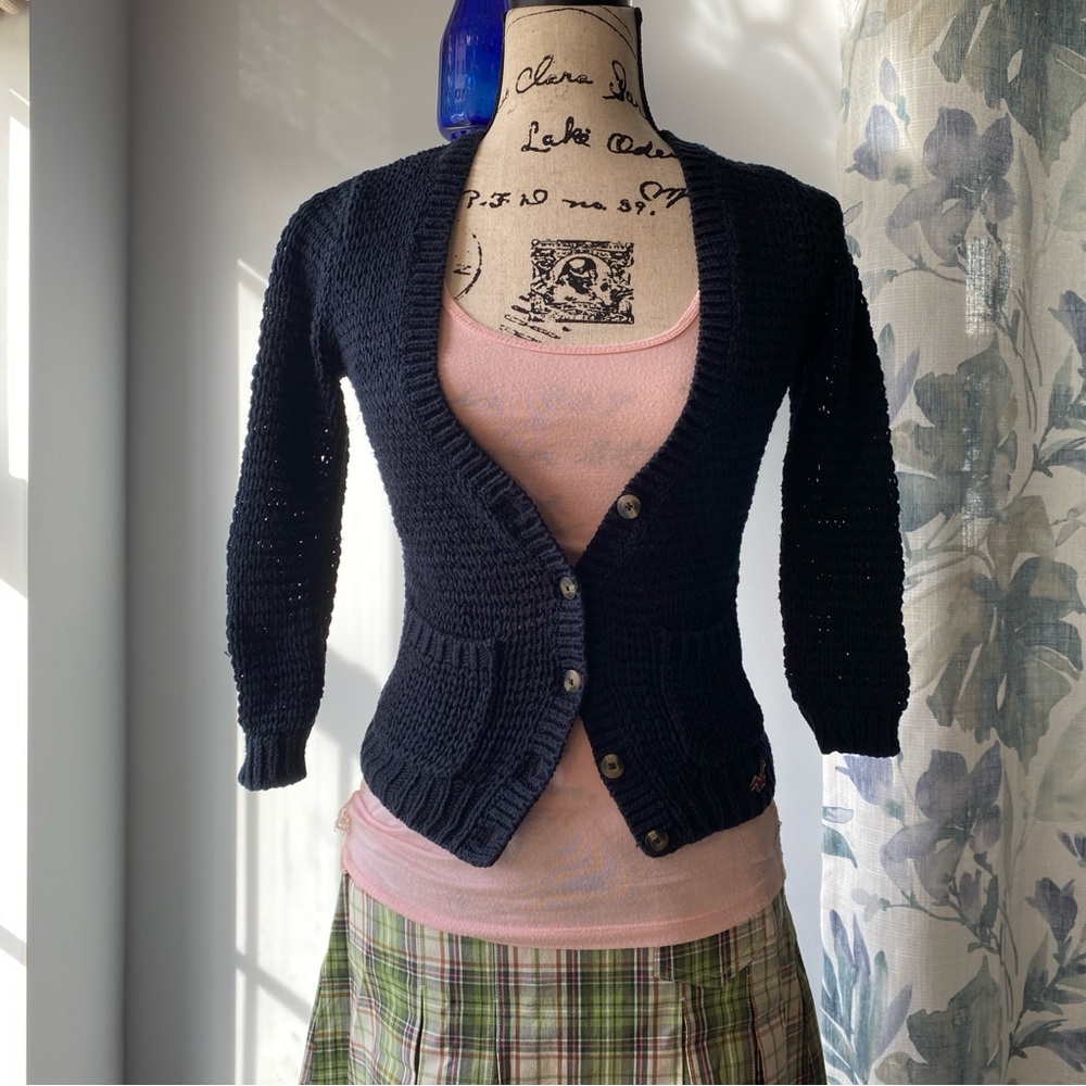 Y2K Hollister Navy Blue Knit Cardigan XS 2000s Preppy Academia Sweater